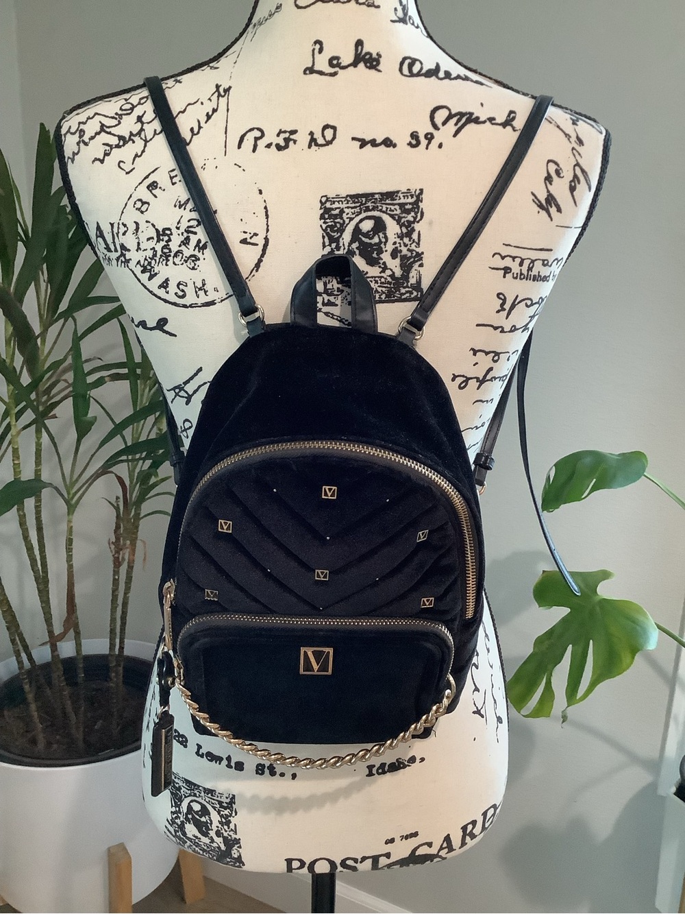 Victoria's Secret Black Velvet Mini Backpack with Gold Hardware